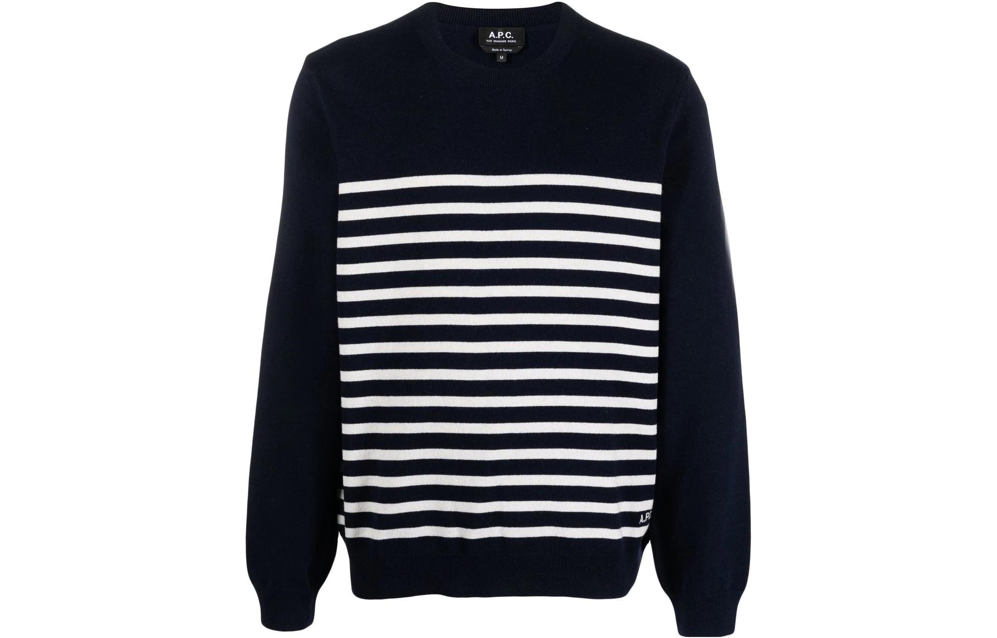 A.P.C. SS23 Striped Knit Crewneck Pullover Long Sleeve Sweater Navy Blue WSAAZH23156-IAK