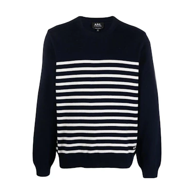 A.P.C. SS23 Striped Knit Crewneck Pullover Long Sleeve Sweater Navy Blue WSAAZH23156-IAK