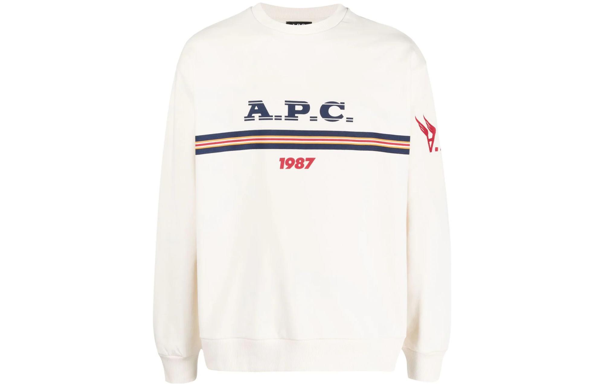 A.P.C. Striped Logo Print Crewneck Pullover Sweatshirt Men’s Light Beige COEIPH27837-AAD