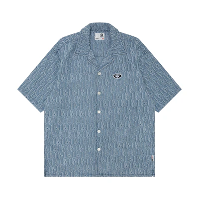 Aape Blue Denim Short Sleeve Shirt with Ape Face Embroidery. AAPSRM8493XXM