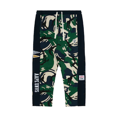 Aape Green Stripe Camo Pants with Ape Face and Side Button Design. AAPPTMA657XBL