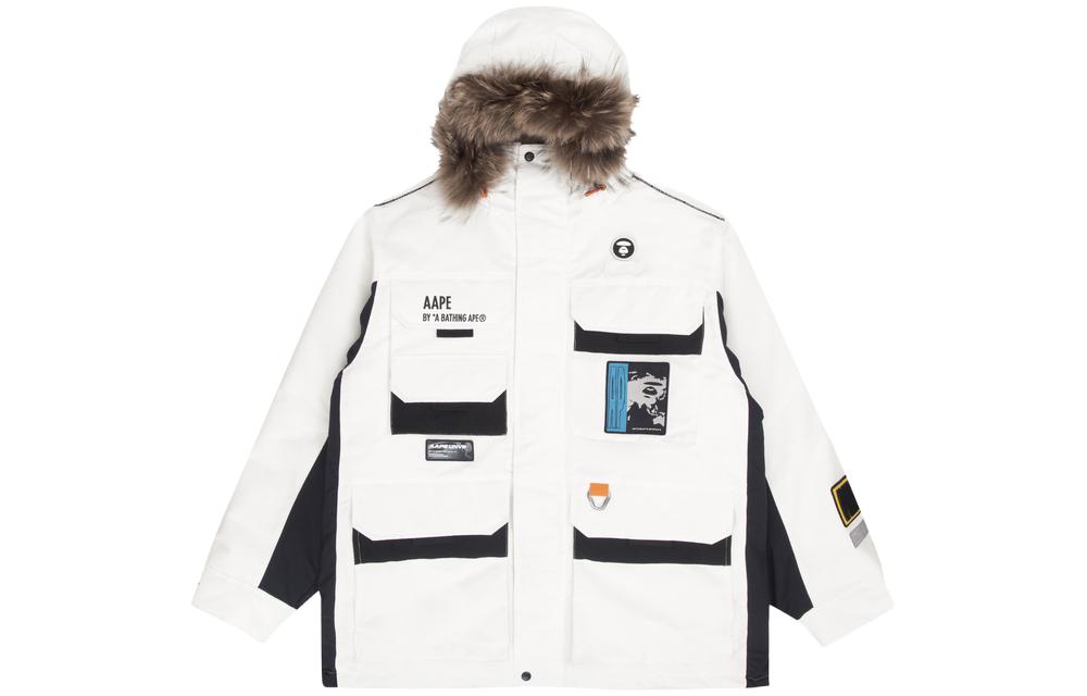 Aape  Multi-Pocket Fur-Trim Hooded Down Jacket with Ape Face Badge. AAPDNM7443XXH