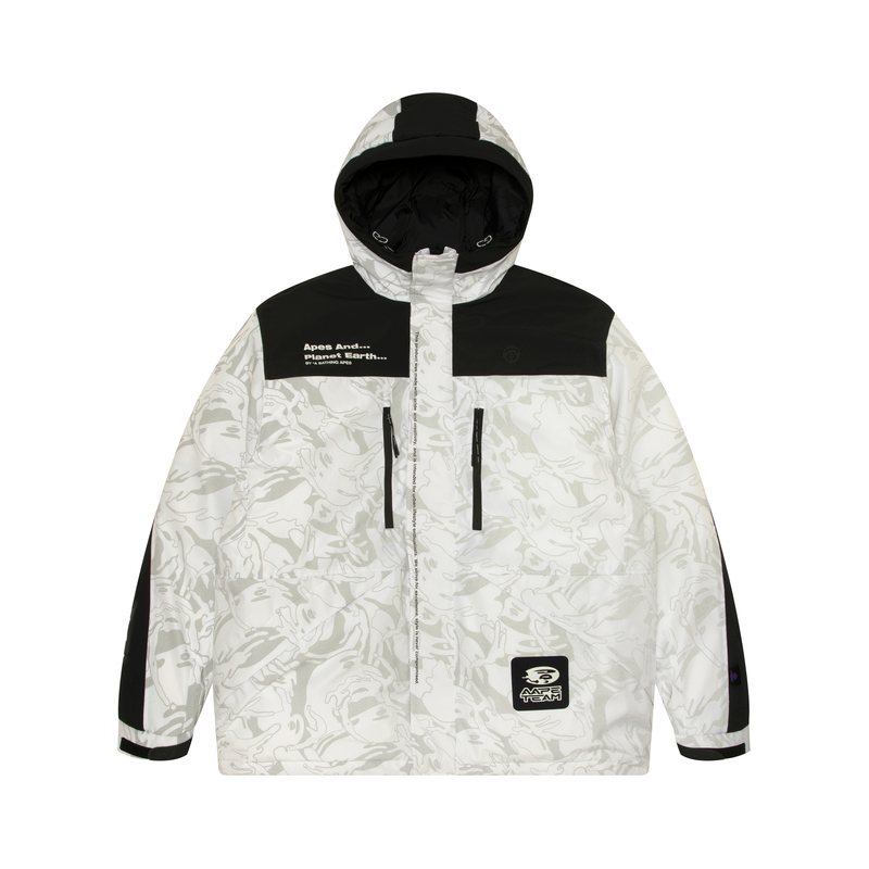 Aape  White and Gray Camo Badge Patch Long Sleeve Down Jacket Hoodie. AAPDNM7605XAL