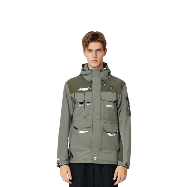 Shop AAPE Ape Face Logo Utility Pocket Patchwork Hoodie Jacket AAPLJM7451XXH