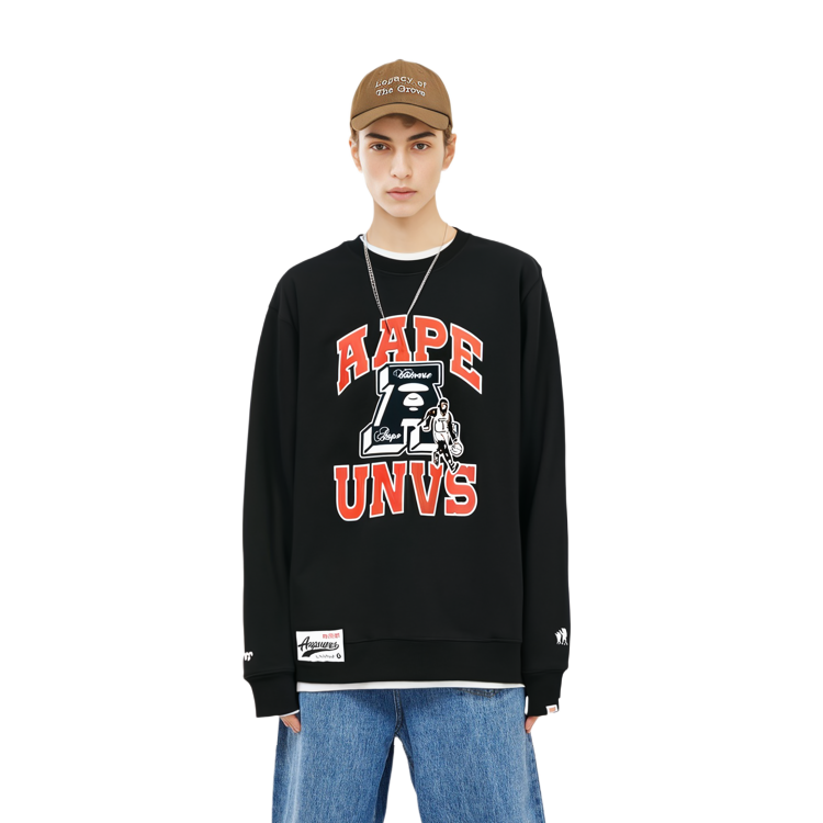 Shop AAPE Ape Graphic Print Black Crewneck Long Sleeve Sweatshirt Loose Fit AAPSWMA352XXL