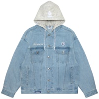 Aape Ape Logo Patch Denim Jacket with Detachable Hood for Men. AAPLJM7641XXM Aape Ape Logo Patch Denim Jacket with Detachable Hood for Men. AAPLJM7641XXM