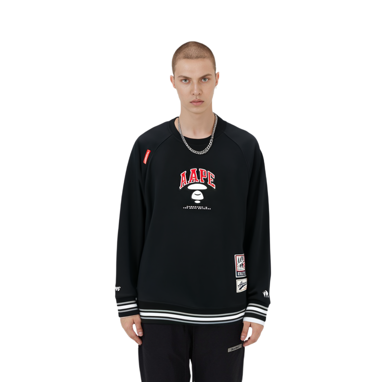 Purchase AAPE Black Loose Fit Crewneck Long Sleeve Sweatshirt with Letter Embroidery AAPSWMA399XXM