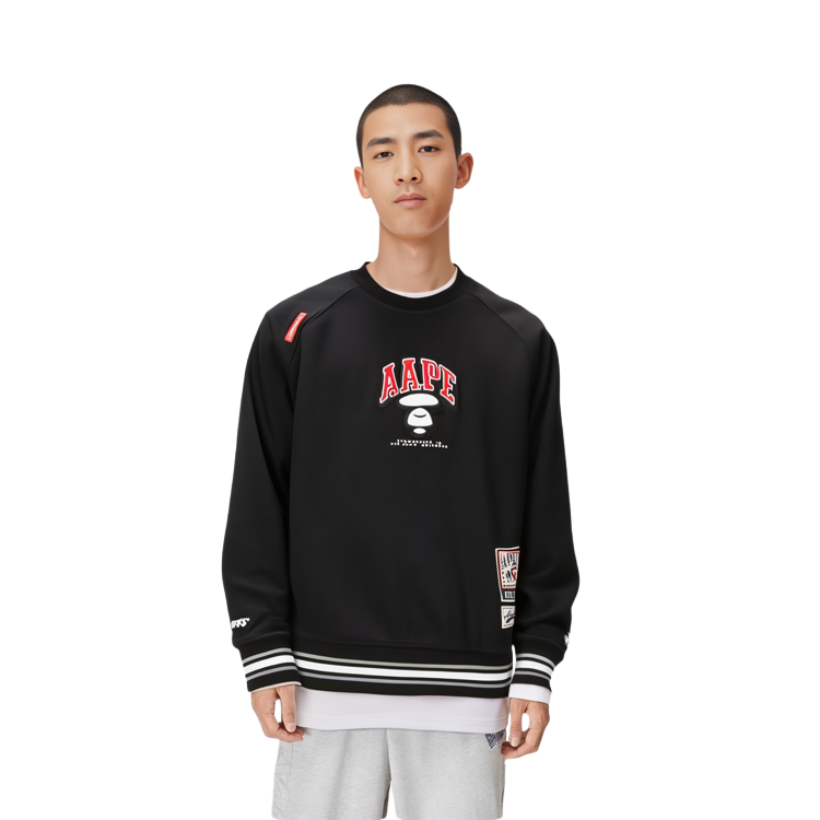 Sizing AAPE Black Loose Fit Crewneck Long Sleeve Sweatshirt with Letter Embroidery AAPSWMA399XXM