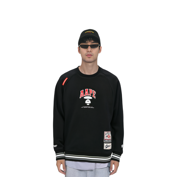 Cheap AAPE Black Loose Fit Crewneck Long Sleeve Sweatshirt with Letter Embroidery AAPSWMA399XXM