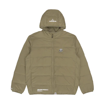 AAPE FW22 Lightweight Down Jacket with Ape Badge and Letter Print Hood. AAPDNM7514XXJ