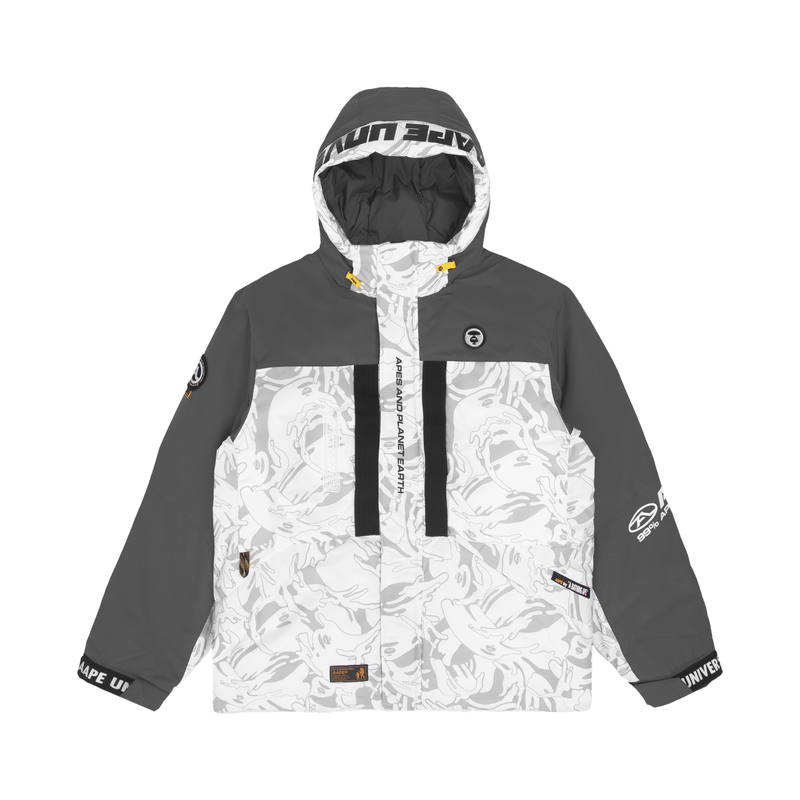 Aape FW22  Patchwork Printed Hooded Down Jacket. AAPDNM7553XAJ