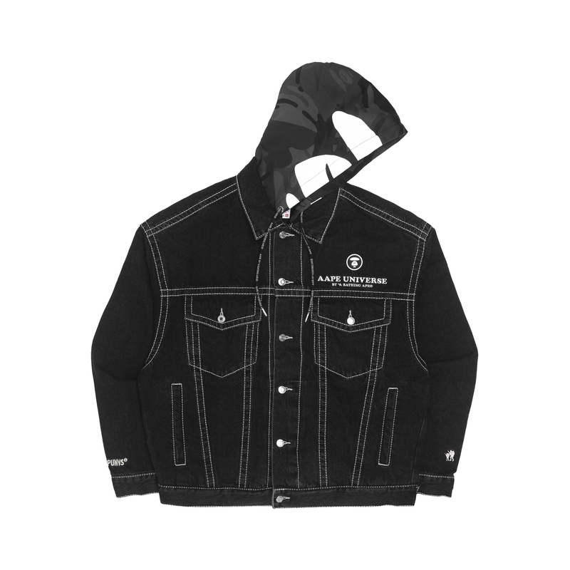 AAPE FW22 Black Ape Face Denim Hoodie Jacket with Embroidered Lettering (Men) AAPLJM7520XXJ