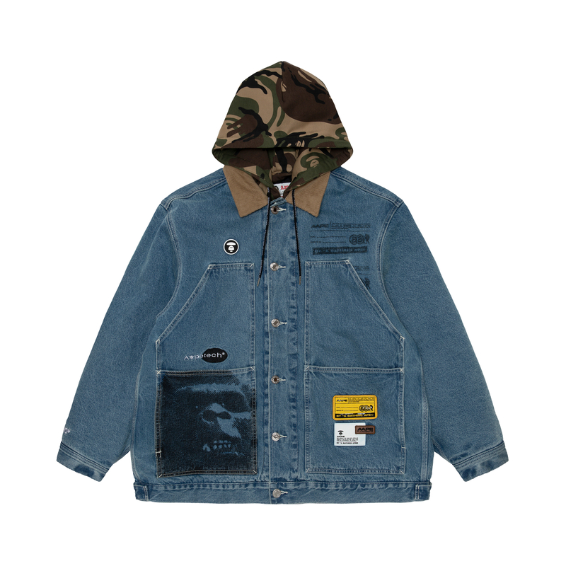 Order AAPE FW22 카모 에이프 프린트 데님 후드 자켓 블루. AAPJKM7545XAJ