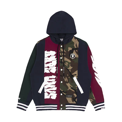 AAPE FW22 Camo Colorblock Logo Print Military Hoodie Navy - Long Sleeve AAPSWM3951XAJ