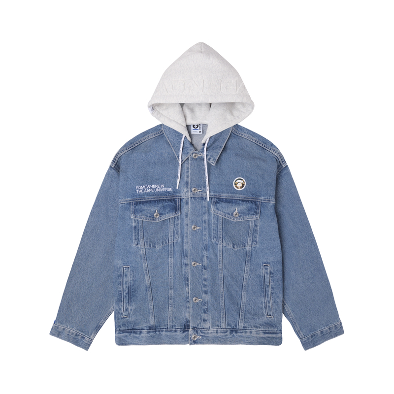 Order Aape FW23 Jaket Denim Biru Camo dengan Lencana & Hood Boleh Ditanggalkan. AAPLJM7602XXL