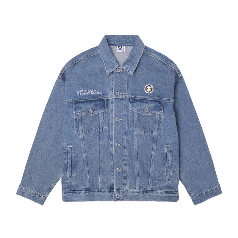 Shop Aape FW23 Jaket Denim Biru Camo dengan Lencana & Hood Boleh Ditanggalkan. AAPLJM7602XXL