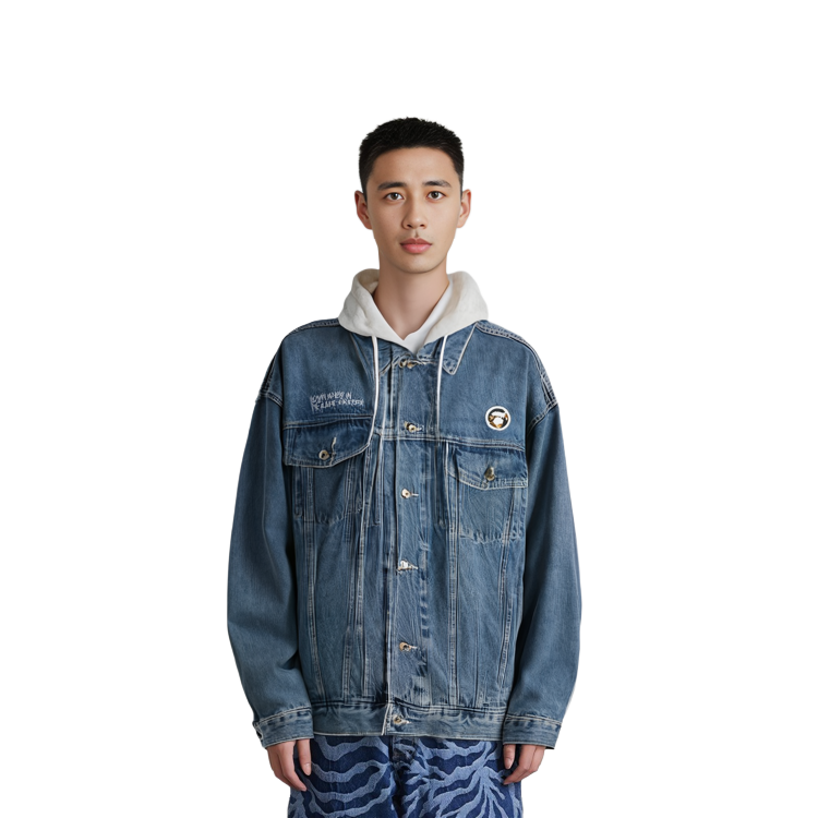 Details for Aape FW23 Jaket Denim Biru Camo dengan Lencana & Hood Boleh Ditanggalkan. AAPLJM7602XXL