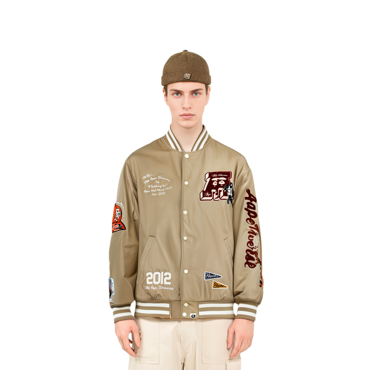 Details for Aape FW23 릴랙스 핏 엠브로이더리 에이프 로고 바시티 재킷 롱 슬리브. AAPJKM7608XXL