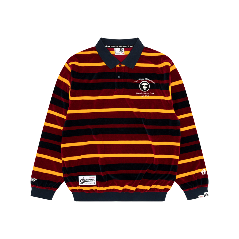 AAPE FW23 Ape Logo Patch Striped Polo Long Sleeve Sweatshirt Brown/Red Mens AAPSWMA359XXL