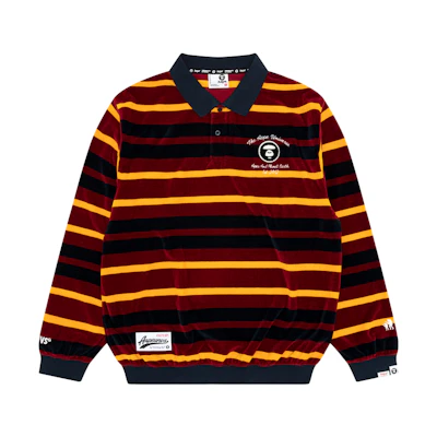 AAPE FW23 Ape Logo Patch Striped Polo Long Sleeve Sweatshirt Brown/Red Mens AAPSWMA359XXL