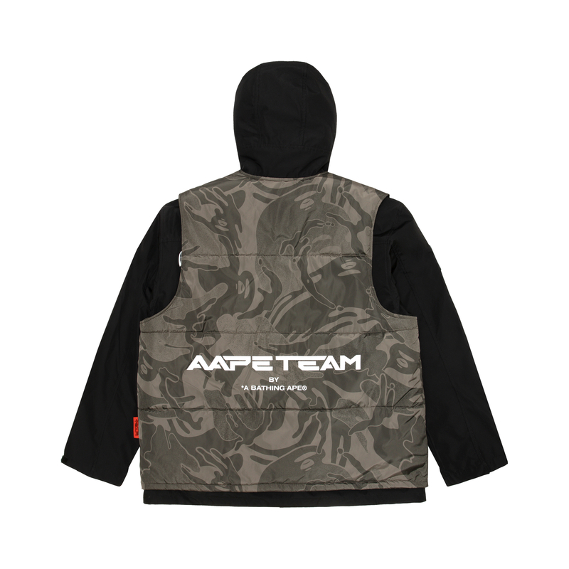 Lookbook Aape FW23 브라운 탈부착 패딩 후드 자켓 세트 레터 프린트 AAPJKM7612XAL