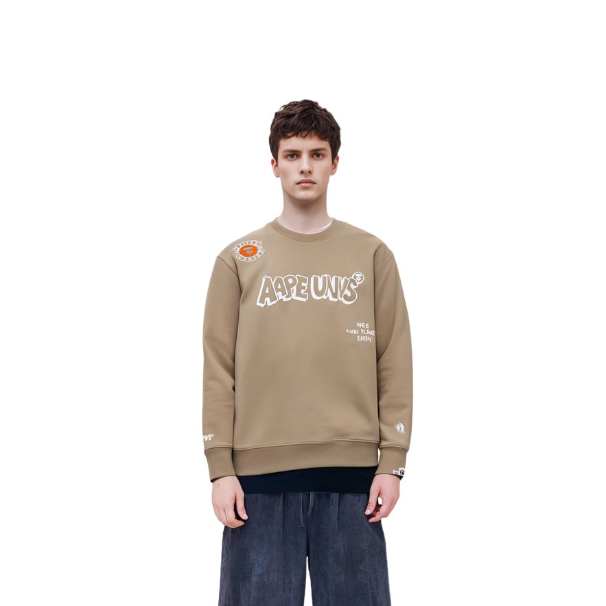 Shop AAPE FW23 Crewneck Sweatshirt with Ape Face Graphic and Letter Print AAPSWMA321XXL