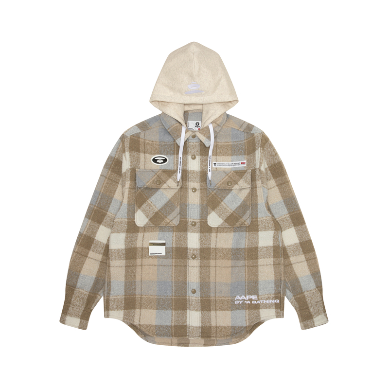 Aape FW23 Plaid Loose Fit Hoodie Shirt with Ape Logo Badge for Men. AAPSTM8467XXL