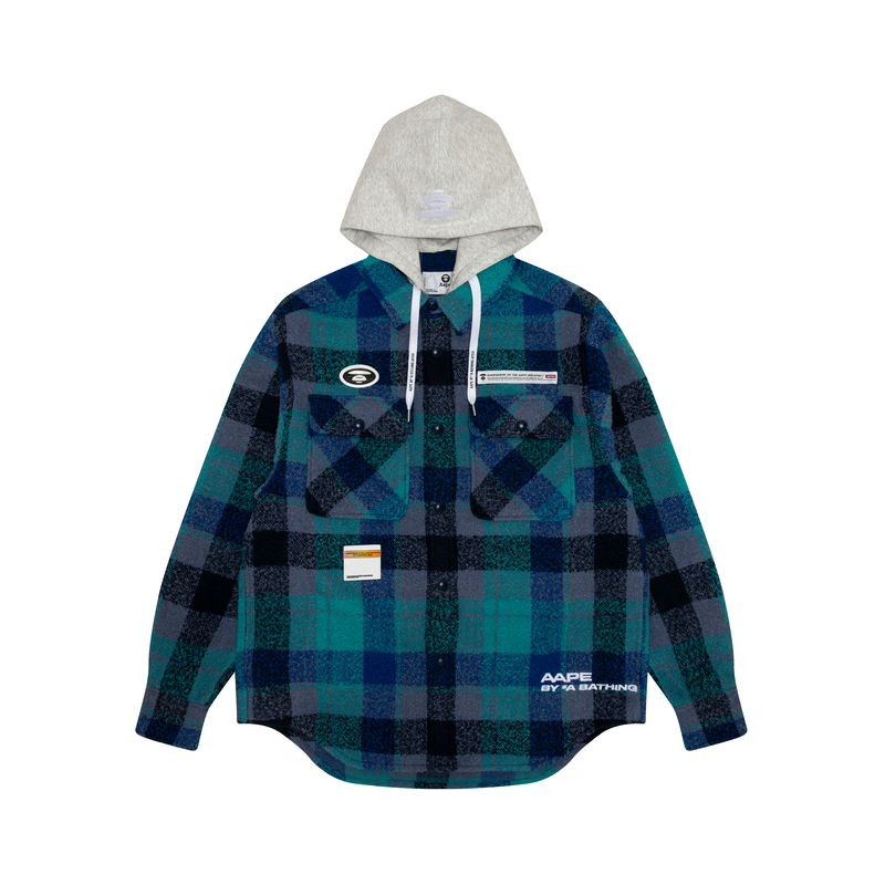 Shop Aape FW23 남성용 체크 루즈핏 후디 셔츠 - 원숭이 로고 배지. AAPSTM8467XXL