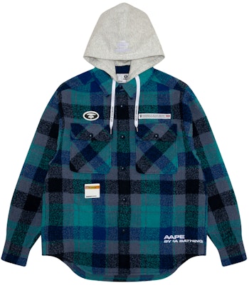 Aape FW23 남성용 체크 루즈핏 후디 셔츠 - 원숭이 로고 배지. AAPSTM8467XXL Shop Aape FW23 남성용 체크 루즈핏 후디 셔츠 - 원숭이 로고 배지. AAPSTM8467XXL