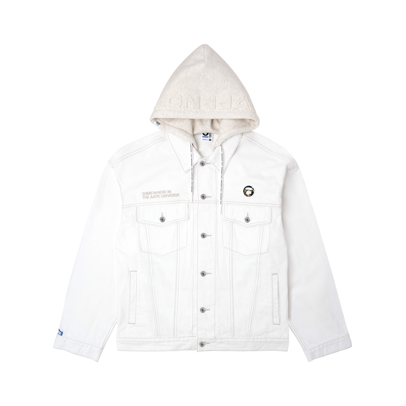 Aape FW23 White Denim Jacket with Ape Logo, Letter Print & Detachable Hood AAPLJM7602XAL