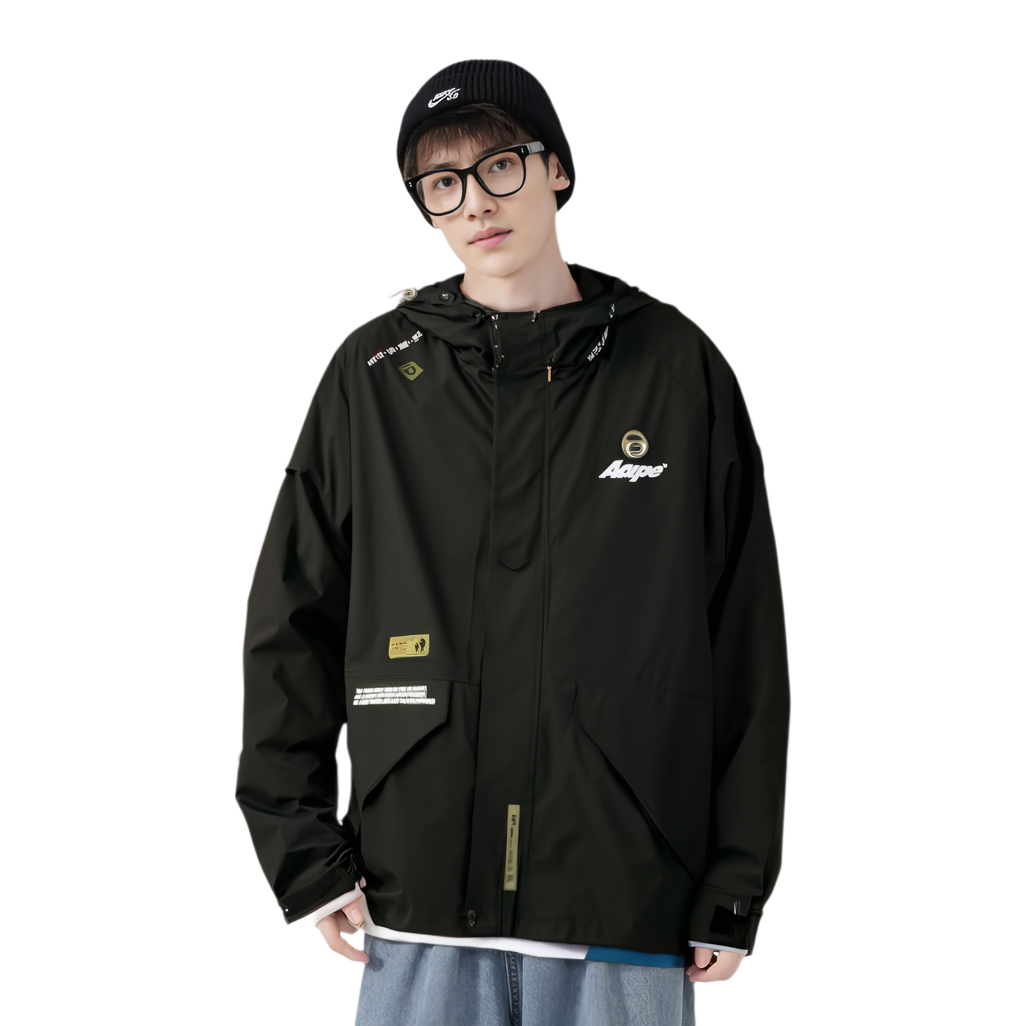 Shop Aape FW24 블랙 로고 프린트 솔리드 후디 재킷. AAPLJM7694XXN