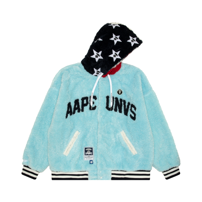 AAPE FW24 Blue Loose Fit Velvet Sweatshirt with Badge and Star Stripe Design AAPSWM3994NXL