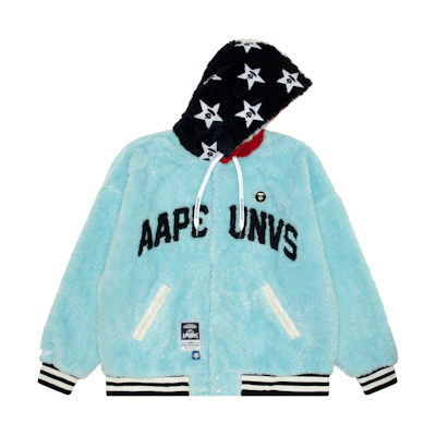 AAPE FW24 Blue Loose Fit Velvet Sweatshirt with Badge and Star Stripe Design AAPSWM3994NXL