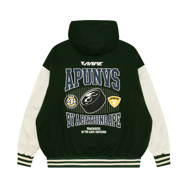Sizing Aape FW24 리버서블 후드 루즈핏 집업 재킷 남성용. AAPLJM7672XXN