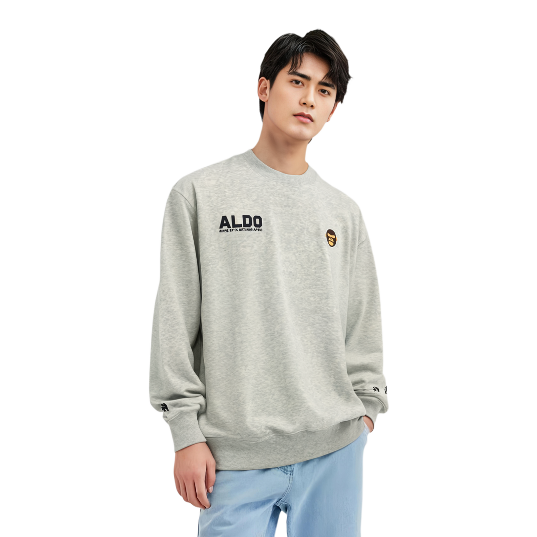 Shop AAPE FW24 White/Grey Ape Logo Embroidered Crewneck Sweatshirt AAPSWMB377XAN