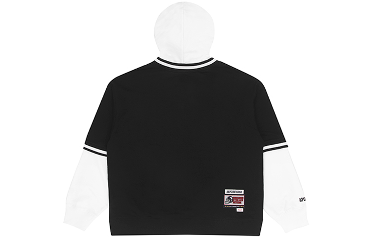 Lookbook 아페 컬러블록 레터프린트 페이크 투피스 풀오버 후디 유니섹스. AAPSWM3875XXI