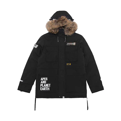 Aape Multi-Pocket Down Jacket with Logo Print and Fur Hood - . AAPDNM7233XXB
