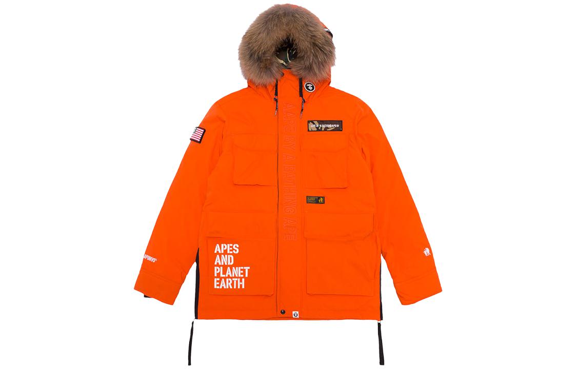 Shop 아페 로고 프린트 퍼 후드 멀티 포켓 다운 재킷 AAPDNM7233XXB