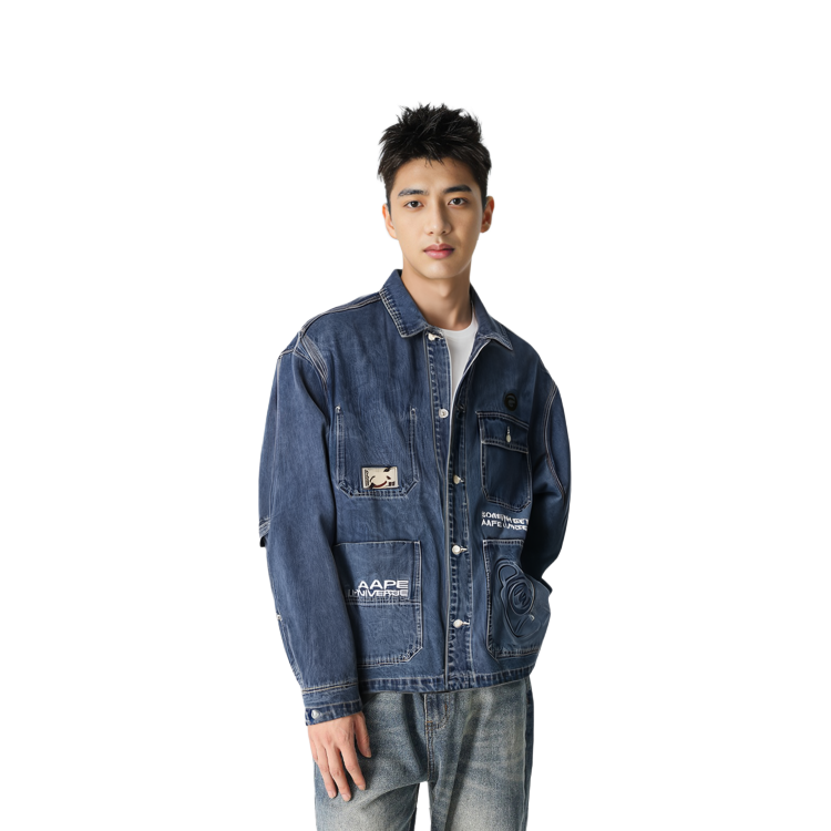 Details for Aape SS22 Jaket Denim Biru dengan Bordir Logo dan Banyak Kantong. AAPLJM7506XXI