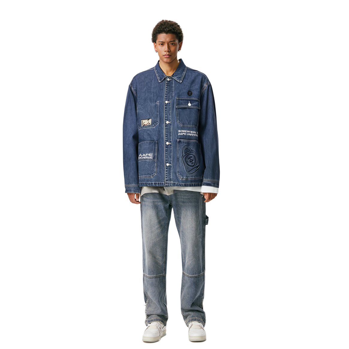 Cheap Aape SS22 Jaket Denim Biru dengan Bordir Logo dan Banyak Kantong. AAPLJM7506XXI