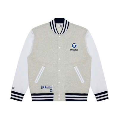 Aape SS23 Ape Logo Letter Printed Loose Baseball Jacket Men Grey White. AAPSWM3988XAK