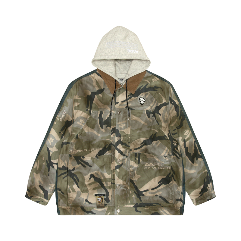 Aape SS24  Camouflage Patchwork Denim Hooded Jacket with Ape Logo - Army Green AAPJKM7629NXL