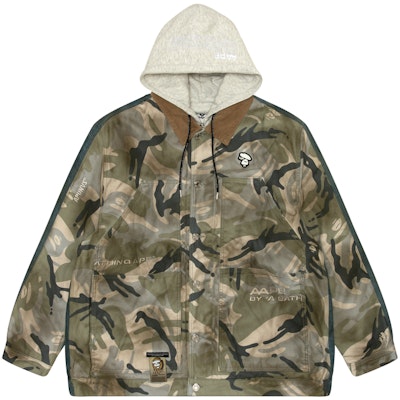 Aape SS24 위장 패치워크 데님 후드 재킷 에이프 로고 - 아미 그린 AAPJKM7629NXL Buy Aape SS24 위장 패치워크 데님 후드 재킷 에이프 로고 - 아미 그린 AAPJKM7629NXL