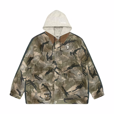 Aape SS24 Camouflage Patchwork Denim Hooded Jacket with Ape Logo - Army Green AAPJKM7629NXL