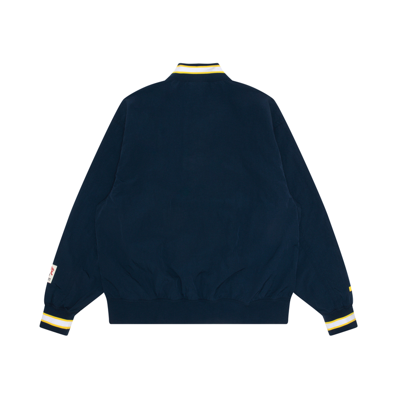 Lookbook 에이프 SS24 네이비 블루 로고 하프 집업 루즈 자켓 AAPLJM7650XXM