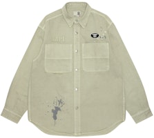 Aape SS24 Loose-Fit Long Sleeve Shirt Gray Green with Ape Logo & Splatter Embroidery. AAPSTM8480XXM Aape SS24 Loose-Fit Long Sleeve Shirt Gray Green with Ape Logo & Splatter Embroidery. AAPSTM8480XXM