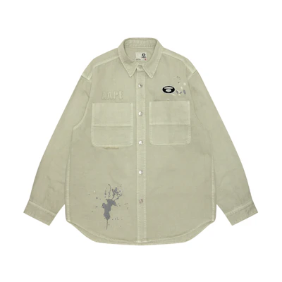 Aape SS24 Loose-Fit Long Sleeve Shirt Gray Green with Ape Logo & Splatter Embroidery. AAPSTM8480XXM