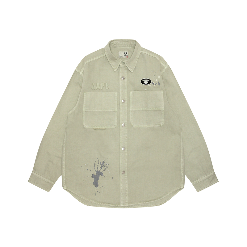 Order Aape 春夏新品宽松款灰绿色猿人Logo喷溅刺绣长袖衬衫SS24。 AAPSTM8480XXM