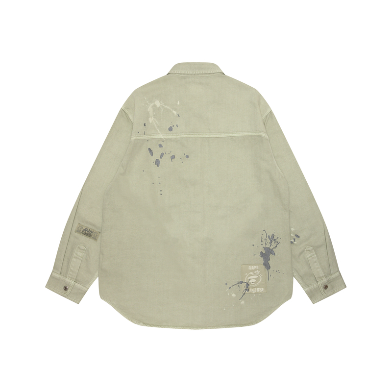 Lookbook Aape 春夏新品宽松款灰绿色猿人Logo喷溅刺绣长袖衬衫SS24。 AAPSTM8480XXM