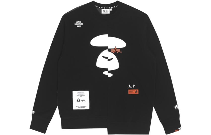 AAPE Alpha Industries Collab Offset Ape Print Patchwork Crewneck Black AAPSWM9513XXH